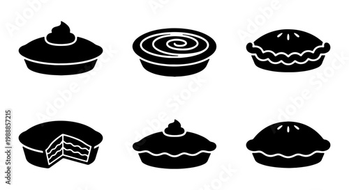 Minimalist pie icon set, black silhouette bakery dessert vectors, 6 pastry food symbols