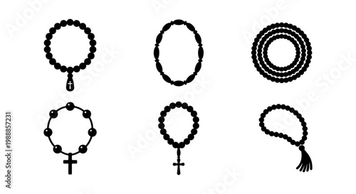 Religious rosary beads icon set, 6 prayer bead vectors, catholic and islamic symbols