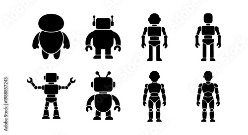 Robot silhouette icons, 8 futuristic android characters, black vector robot set
