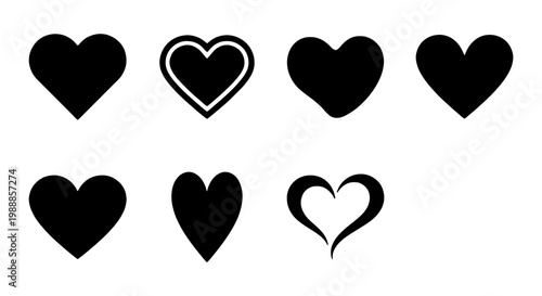 Minimalist heart icon set, black love symbols, 7 vector heart shapes for wedding design