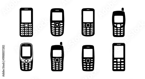 Retro mobile phone icons, vintage cellular telephone set, 8 classic keypad phone vectors