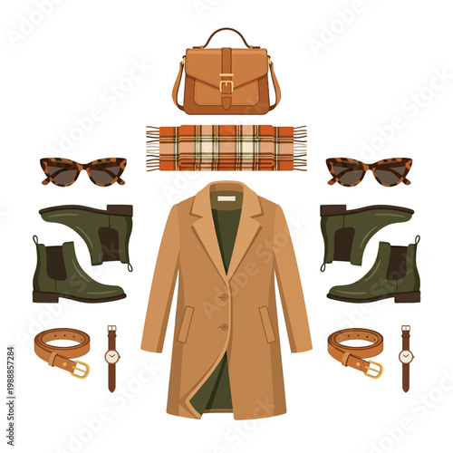 Autumn women fashion flat lay icon with sweater, handbag, sunglasses and maple leaves.