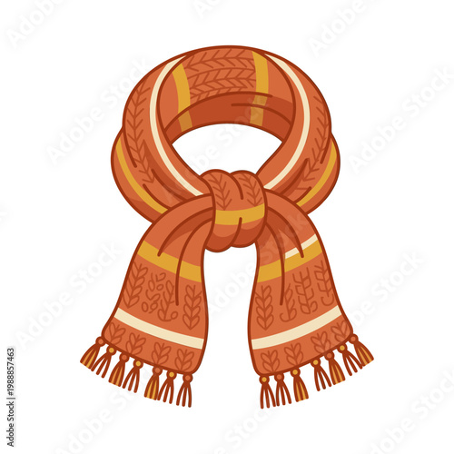 Knitted autumn scarf icon, cozy wool fashion accessory in modern flat vector style.