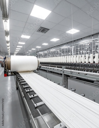 An industrial setting showing large white yarn being processed by many machines with numerous spools, under bright lighting
