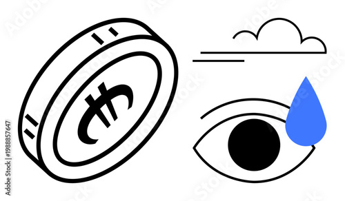 Cryptocurrency market, financial loss, economic impact, emotional distress, investments, volatility. A coin, eye and teardrop under a line and cloud. Cryptocurrency market and financial loss
