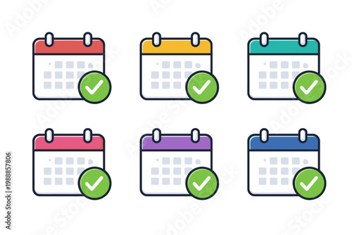 Set of Colorful Calendar Icons with Green Checkmarks Indicating Completed Tasks, Scheduled Events, or Successful Planning. Simple Flat Vector Illustration for Business and Productivity Apps.