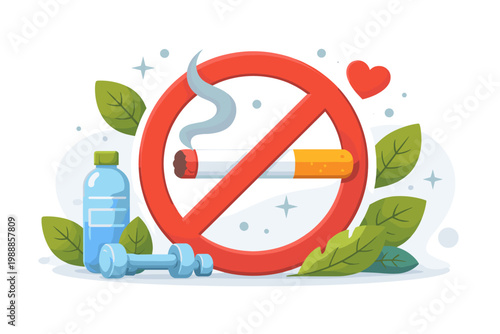 No Smoking Sign with Cigarette Icon Representing Healthy Lifestyle and Smoke Free Zone with Water Bottle Dumbbell Heart and Green Leaves for Wellness Health Awareness and Quitting Habit Concept.