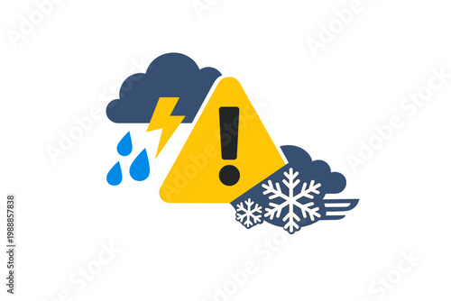 Weather Warning Icon Set with Severe Storm Alert Symbols Including Lightning Bolt Rain Drops Snowflakes and Wind Gusts in a Simple Flat Vector Illustration Style for Meteorological Forecasts