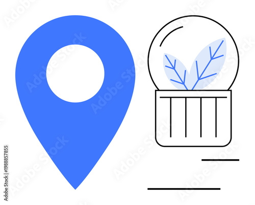 Navigation, sustainability, eco-consciousness, environmental technology, green living, modern minimalism. Blue location pin next to globe with leaves. Navigation and sustainability concept