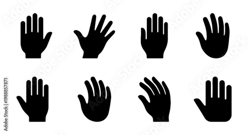 Black hand silhouette icons set, collection of 8 human palm vector symbols, minimalist hand gestures for UI design and web navigation