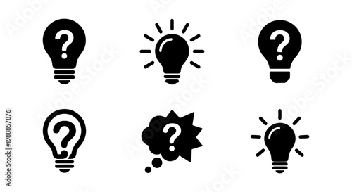 Minimalist light bulb icon set, creative idea and problem solving concept, 6 black vector icons for innovation and brainstorming projects