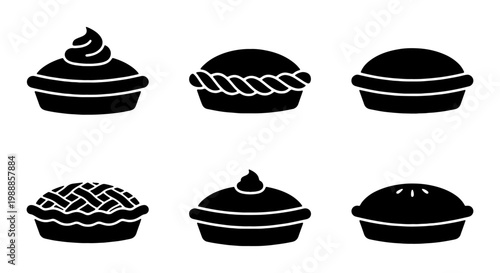 Minimalist pie icon set, black silhouette bakery dessert collection, set of 6 vector pastry illustrations for cafe menus and food branding