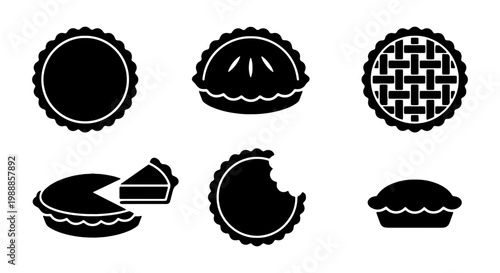 Minimalist pie icon set, black silhouette bakery dessert symbols, collection of 6 vector pastry illustrations for cafe menus and food branding