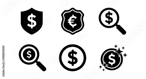 Financial security icons set, black money protection symbols with dollar and euro signs, 6 vector elements for banking and investment apps