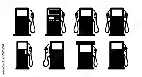 Gas station pump icons set, black fuel dispenser silhouettes, 8 petrol station vector elements for transportation and energy infographics