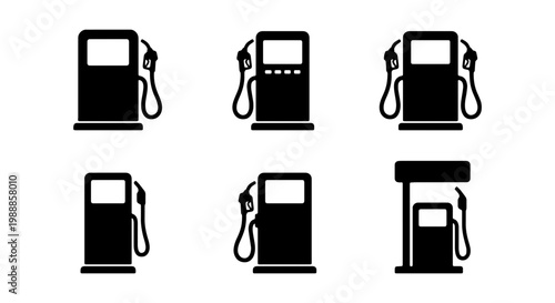 Gas station icon set with 6 black vector silhouettes, fuel pump dispenser symbols for petrol and diesel, minimalist automotive service station signs