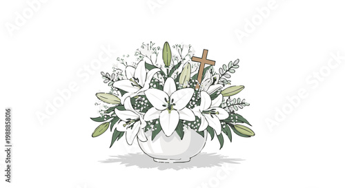 Black lily bouquet with wooden cross in vase. Christian floral arrangement for communion or funeral