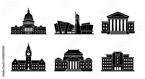 Government building icons set, black silhouette of 6 landmark architecture vectors, administrative and municipal office structures for city maps
