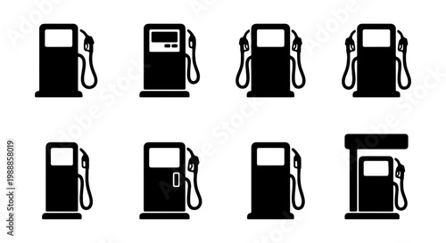 Gas station icon set with 8 black vector silhouettes, fuel pump dispenser symbols for petrol and diesel, automotive service station graphics