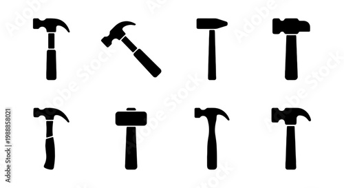 Black hammer icon set, construction tool silhouettes, collection of 8 industrial hammer vectors for carpentry and home repair projects