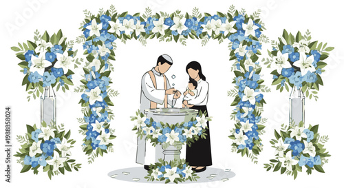 Christian baptism ceremony with priest and family under floral arch vector illustration