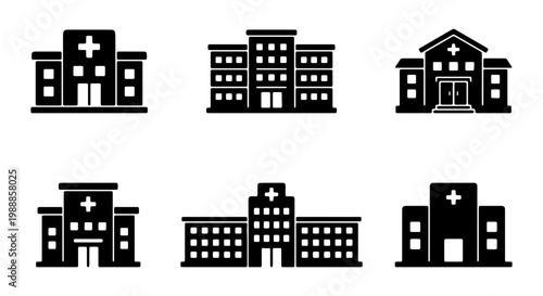 Hospital building icon set, black medical clinic vector silhouettes, collection of 6 healthcare facility symbols for maps and infographics