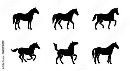 Black horse silhouette collection, set of 6 equine vector icons, wild stallion and domestic mare silhouettes in various poses, minimalist animal graphics