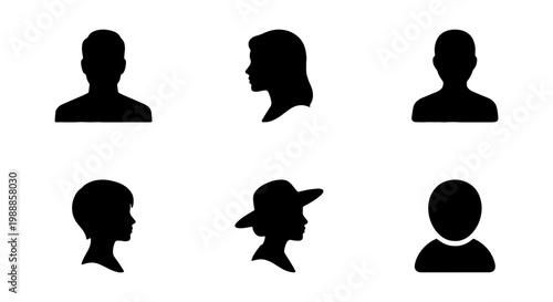 Minimalist user avatar icon set, black silhouette profile heads of men and women, 6 vector person placeholders for social media and web UI