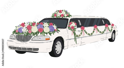 Wedding limousine decorated with pink roses and colorful flowers