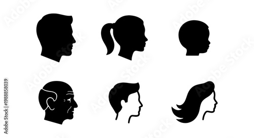 Human profile silhouette icons set, black head side view of diverse people, male and female avatar collection, family generation vector graphics
