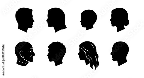 Human profile silhouette icons, 8 black head silhouettes of diverse people, male and female face side view vector set, people avatar collection