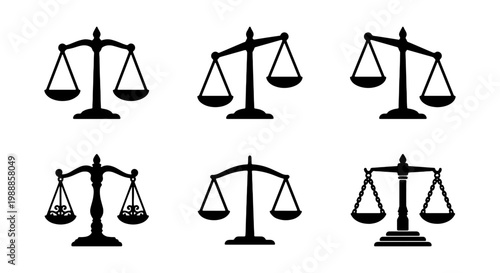 Justice scales icon set, black silhouette law balance symbols, 6 vector elements for legal and court concepts, flat judicial weight scale graphics