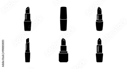Minimalist lipstick icon set, black silhouette beauty product collection, 6 vector cosmetic makeup symbols for salon branding and web design