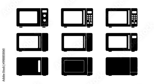 Microwave oven icon set, black kitchen appliance silhouettes, collection of 9 vector microwave symbols for home cooking and food heating