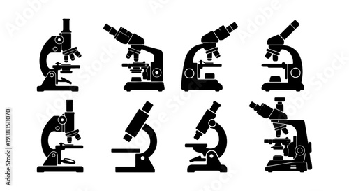 Microscope icon set with 8 black vector silhouettes, laboratory equipment collection for science and research, medical microscope symbols for biology