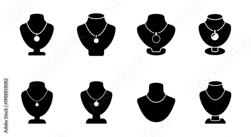 Jewelry mannequin bust icons set, black necklace display stand silhouettes, 8 vector elements for retail store branding and fashion design