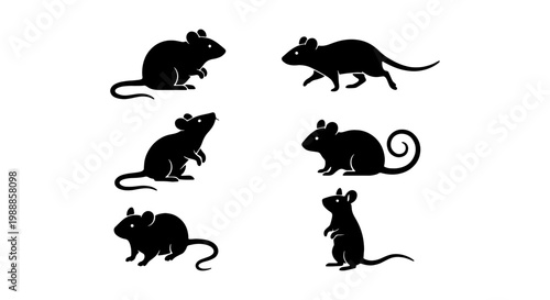 Black mouse silhouette collection, set of 6 rat vector icons in various poses, minimalist rodent silhouettes for nature and pest control design