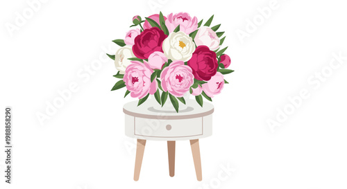 Peony bouquet with pink and white flowers on bedside table vector illustration