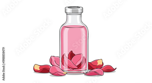 Rose petal syrup in glass bottle illustration with petals on black background