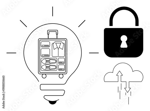 Travel security concept. Travel security by icons of a suitcase, cloud storage, and lock. Travel security ensures data safety, personal privacy, and seamless travel. For technology, tourism