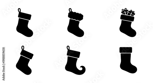 Christmas stocking icons set, black holiday socks vector, 6 festive winter silhouettes