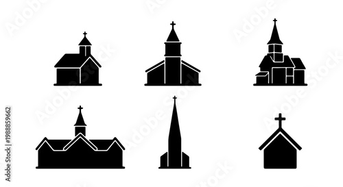 Minimalist church icons set, black chapel silhouettes, 6 religious building vectors