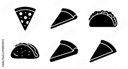 Minimalist fast food icons, 6 black pizza and taco vector silhouettes, restaurant menu set