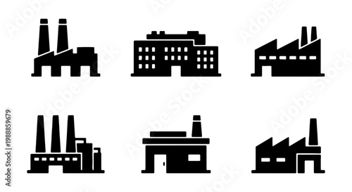 Industrial factory icon set, black warehouse vector symbols, 6 manufacturing plant signs