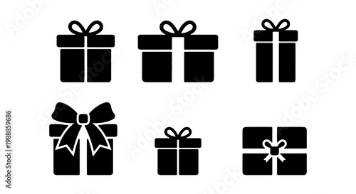 Minimalist gift box icons, black present silhouettes, 6 holiday vector elements