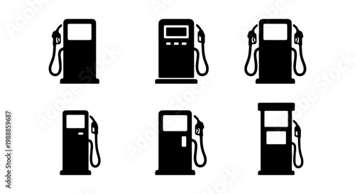 Gas station pump icons, 6 fuel dispenser vector set, black petrol station silhouettes