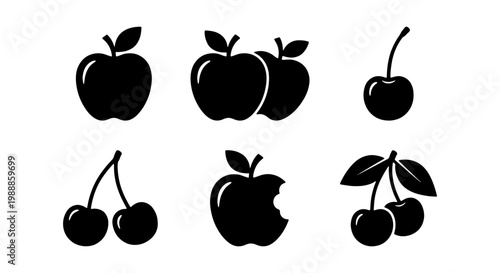 Minimalist apple and cherry icons, black fruit silhouettes, 6 vector elements for web