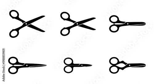 Black scissors silhouette set, 6 vector icons, tailor and barber cutting tool collection