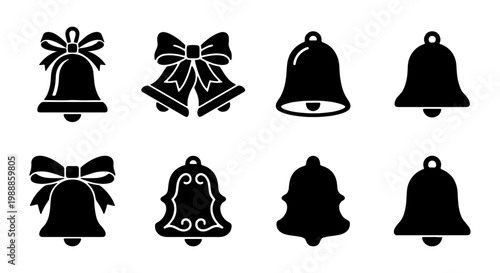 Christmas bell icons set, black holiday jingle bells, 8 vector silhouette elements