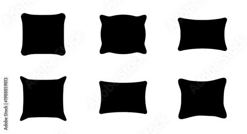 Black pillow silhouette icons, 6 cushion vector shapes, soft bedding comfort symbols
